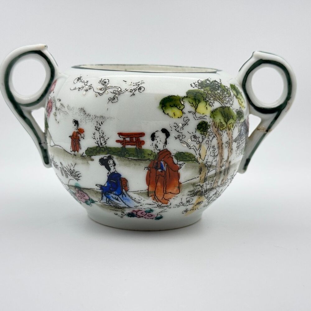 Japanese Porcelain Two Handle Open Sugar Bowl Geisha Pagoda Chinoiserie Japan